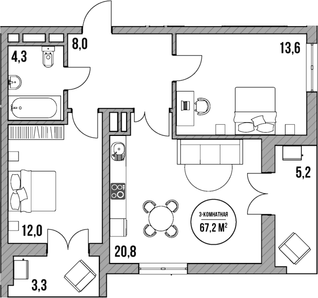 Планировка — МореТут, 3-комн., 59 м²