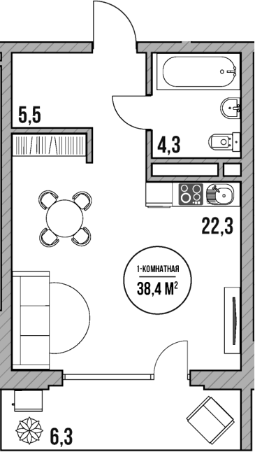 Планировка — МореТут, Студия, 32 м²