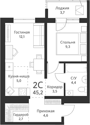 Планировка — Свои люди, 2-комн., 42 м²
