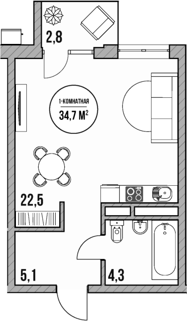 Планировка — МореТут, Студия, 32 м²