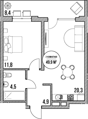 Планировка — МореТут, 2-комн., 42 м²
