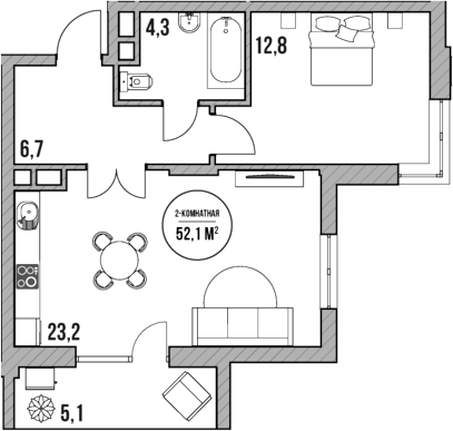 Планировка — МореТут, 2-комн., 47 м²