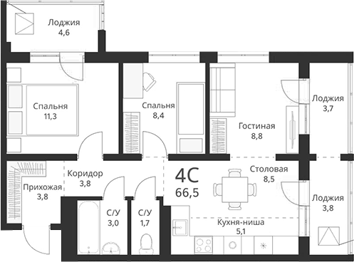Планировка — Свои люди, 4-комн., 54 м²