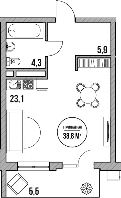 Планировка — МореТут, Студия, 33 м²