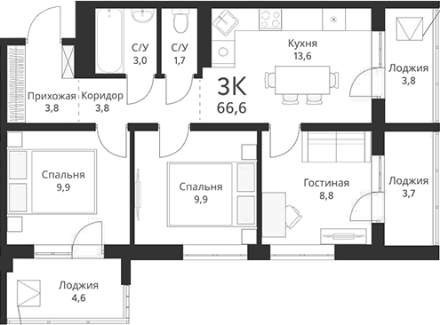 Планировка — Свои люди, 3-комн., 55 м²
