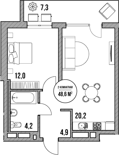 Планировка — МореТут, 2-комн., 41 м²