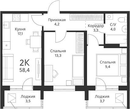 Планировка — Свои люди, 2-комн., 51 м²