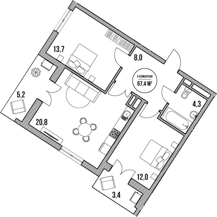Планировка — МореТут, 3-комн., 59 м²