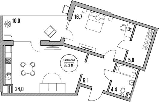 Планировка — МореТут, 2-комн., 56 м²