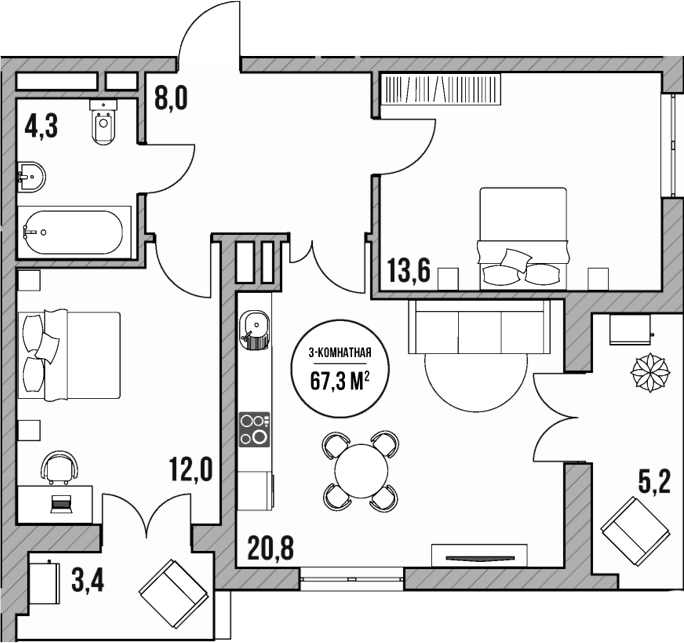Планировка — МореТут, 3-комн., 59 м²