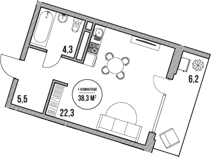 Планировка — МореТут, Студия, 32 м²