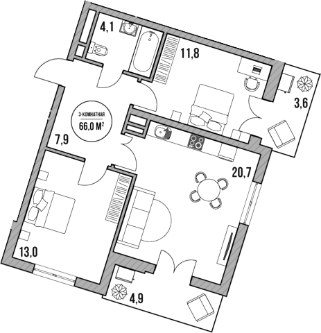 Планировка — МореТут, 3-комн., 58 м²