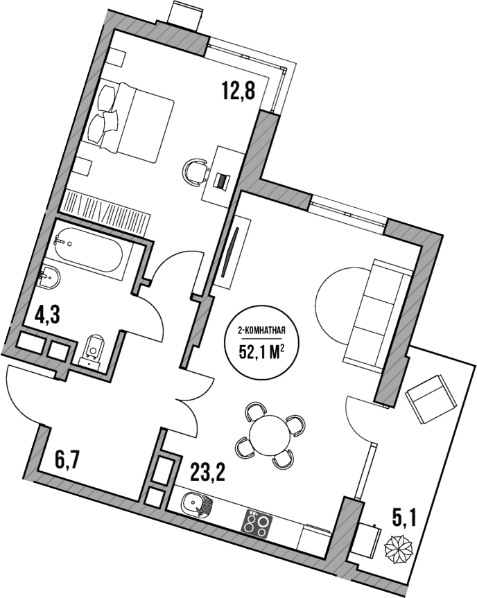 Планировка — МореТут, 2-комн., 47 м²