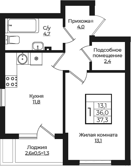 Планировка — Европа-Сити, 1-комн., 36 м²