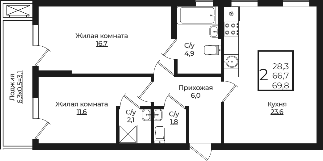 Планировка — Европа-Сити, 3-комн., 67 м²
