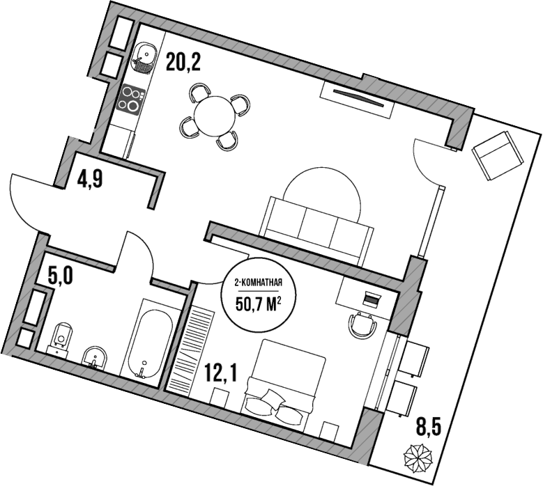 Планировка — МореТут, 2-комн., 42 м²