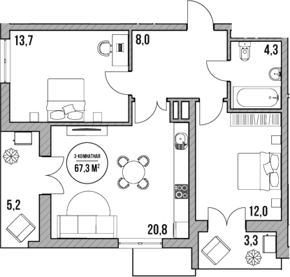 Планировка — МореТут, 3-комн., 59 м²