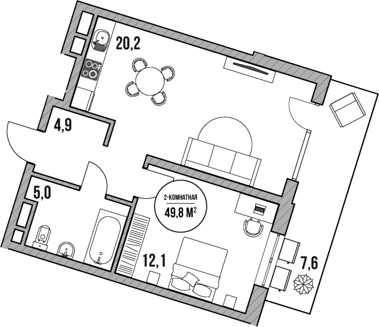 Планировка — МореТут, 2-комн., 42 м²