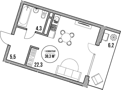 Планировка — МореТут, Студия, 32 м²