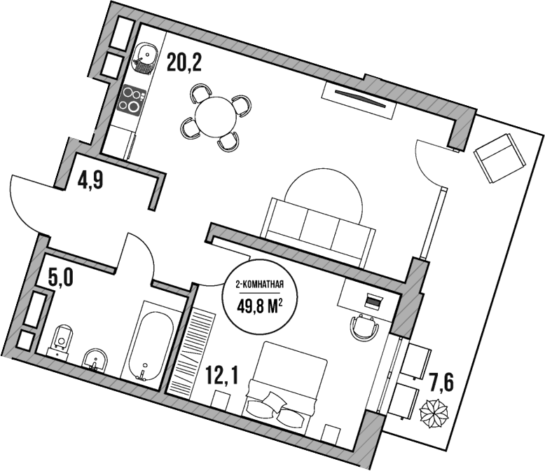 Планировка — МореТут, 2-комн., 42 м²