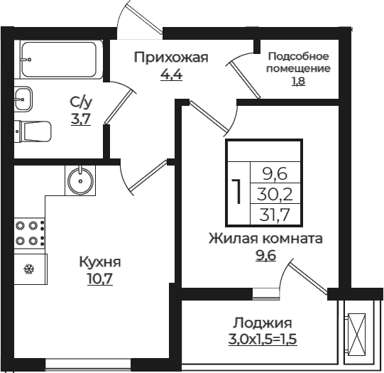 Планировка — Европа-Сити, 1-комн., 30 м²