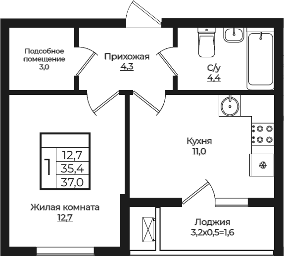 Планировка — Европа-Сити, 1-комн., 35 м²