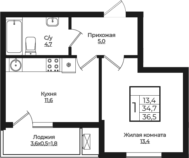 Планировка — Европа-Сити, 1-комн., 35 м²