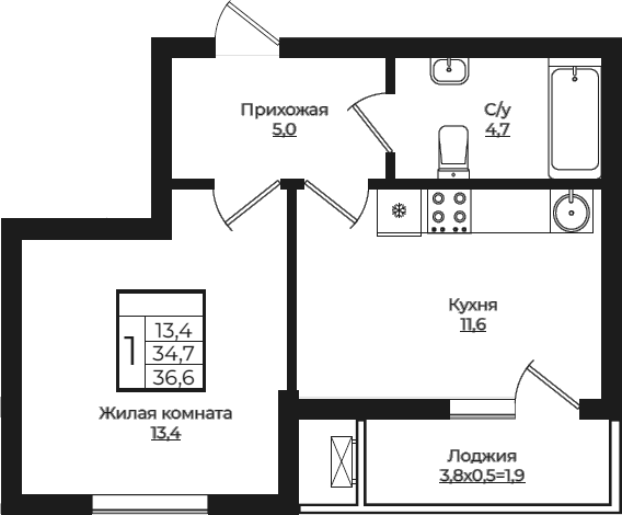 Планировка — Европа-Сити, 1-комн., 35 м²