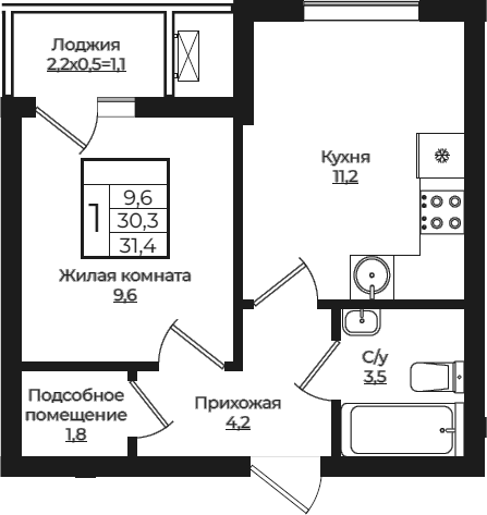 Планировка — Европа-Сити, 1-комн., 30 м²