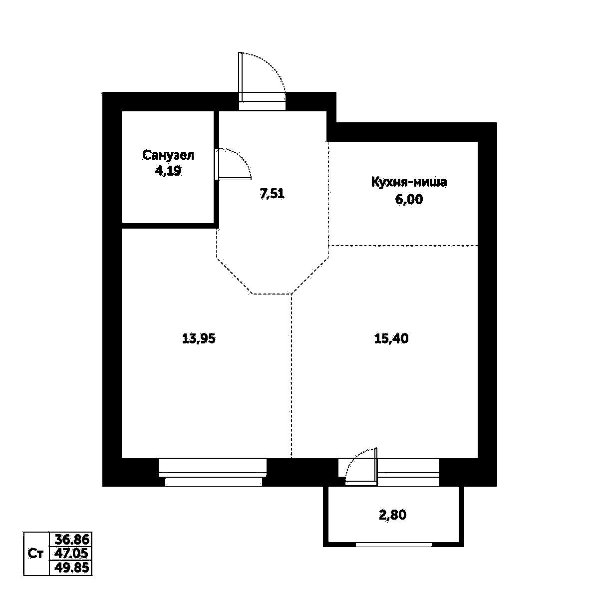 Планировка — Спектр, 2-комн., 47 м²