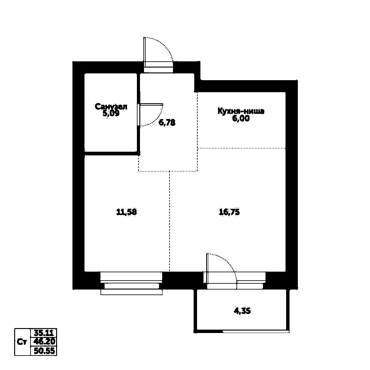 Планировка — Спектр, 2-комн., 46 м²