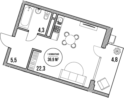Планировка — МореТут, Студия, 32 м²