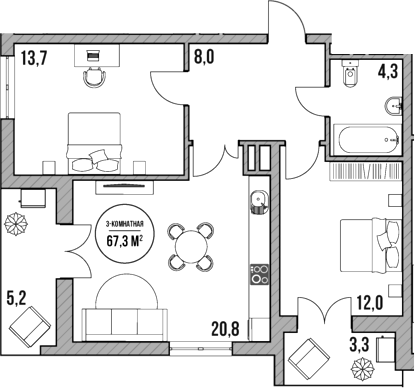 Планировка — МореТут, 3-комн., 59 м²