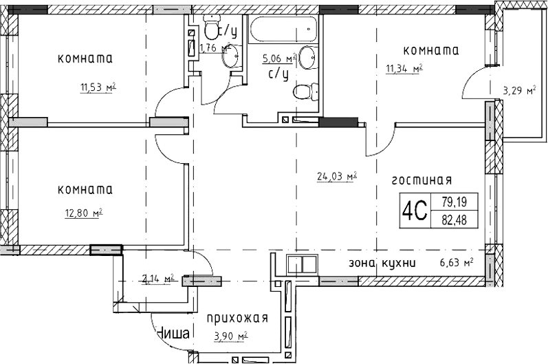 Планировка — Гвардия, 4-комн., 79 м²
