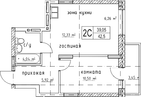 Планировка — Гвардия, 2-комн., 39 м²