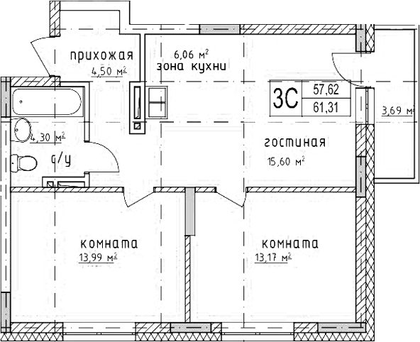 Планировка — Гвардия, 3-комн., 58 м²