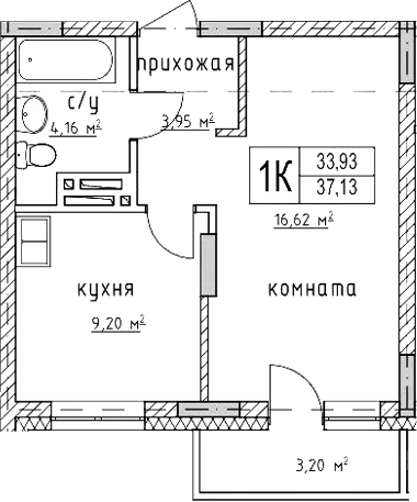 Планировка — Гвардия, 1-комн., 34 м²