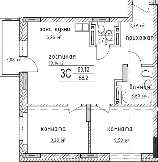 Планировка — Гвардия, 3-комн., 53 м²