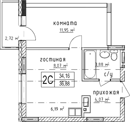 Планировка — Гвардия, 1-комн., 34 м²