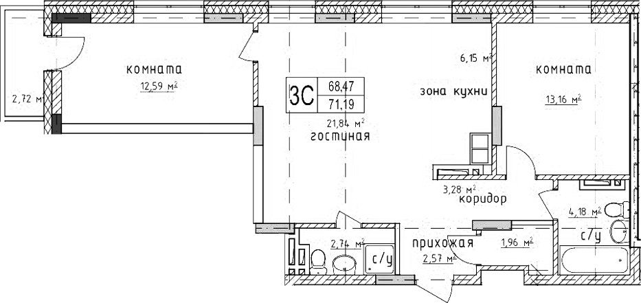 Планировка — Гвардия, 3-комн., 68 м²