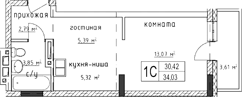 Планировка — Гвардия, 2-комн., 30 м²