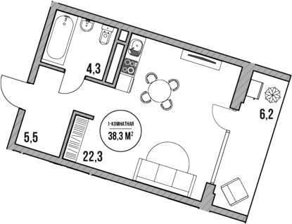 Планировка — МореТут, Студия, 32 м²