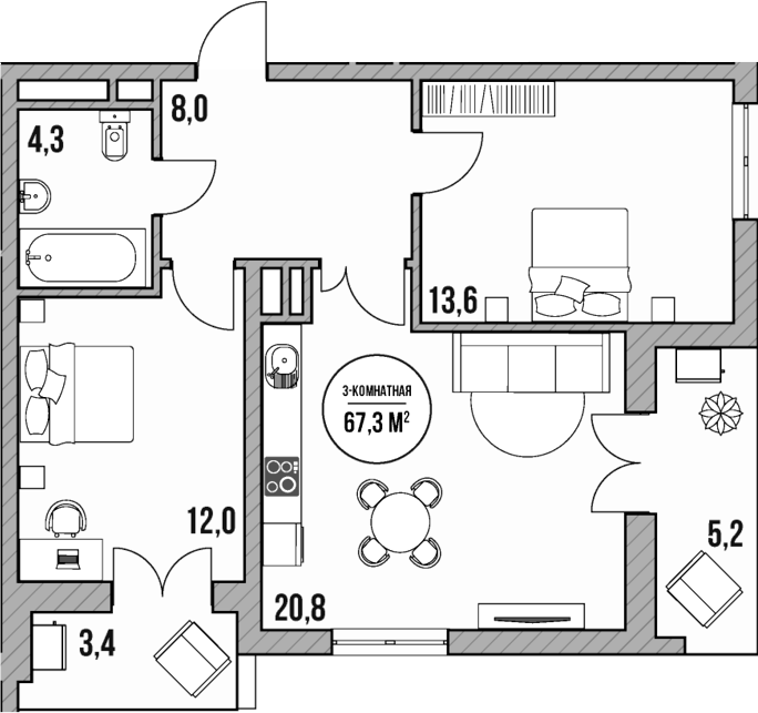 Планировка — МореТут, 3-комн., 59 м²