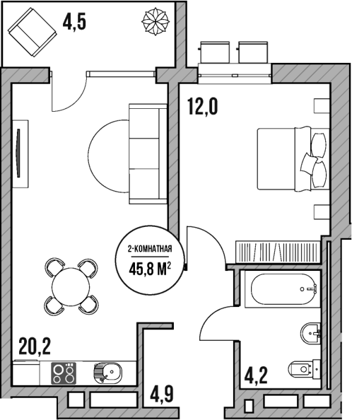 Планировка — МореТут, 2-комн., 41 м²