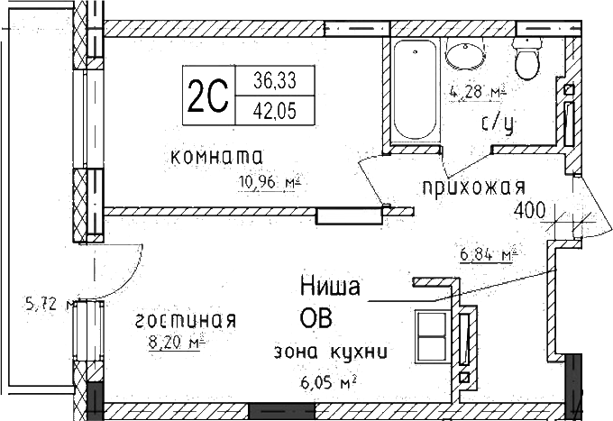 Планировка — Гвардия, 2-комн., 36 м²