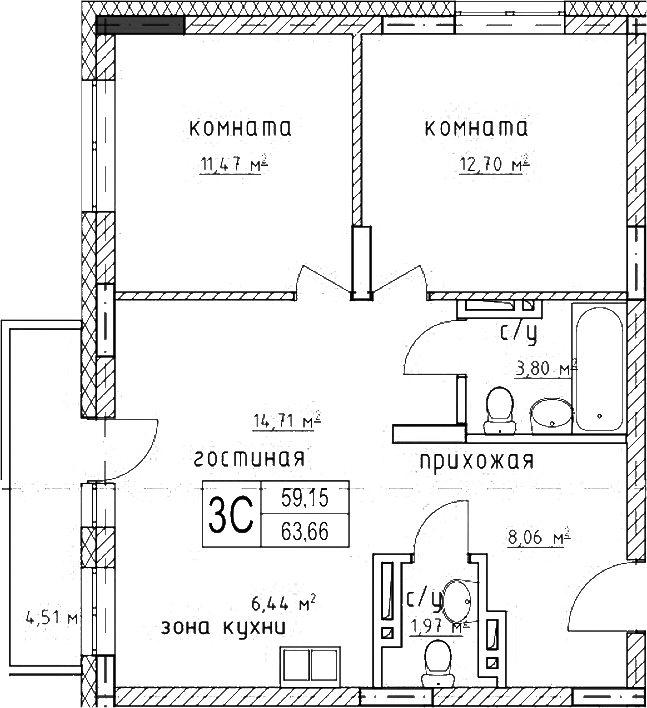 Планировка — Гвардия, 3-комн., 59 м²