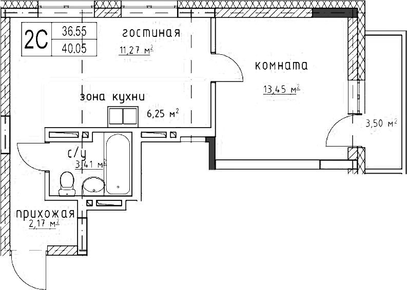 Планировка — Гвардия, 2-комн., 37 м²