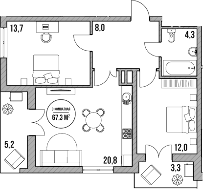 Планировка — МореТут, 3-комн., 59 м²