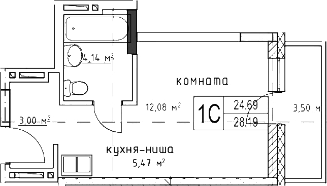 Планировка — Гвардия, Студия, 25 м²