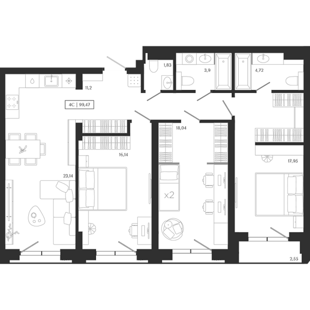 Планировка — Unity Center, 4-комн., 97 м²